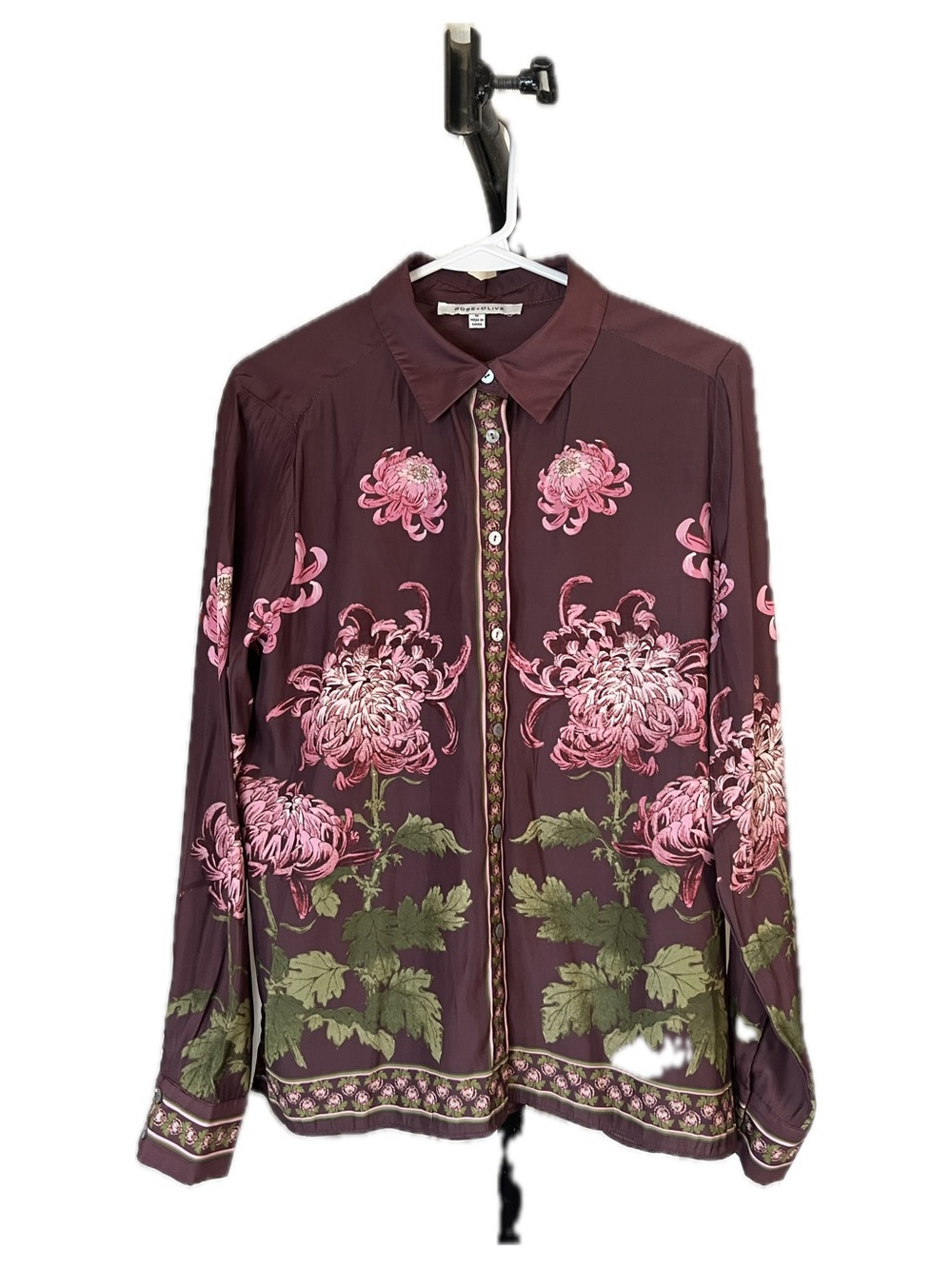 Rose & Olive Cottagecore OLD $ Plum Button-Up Blouse with Pink Chrysthemum Print